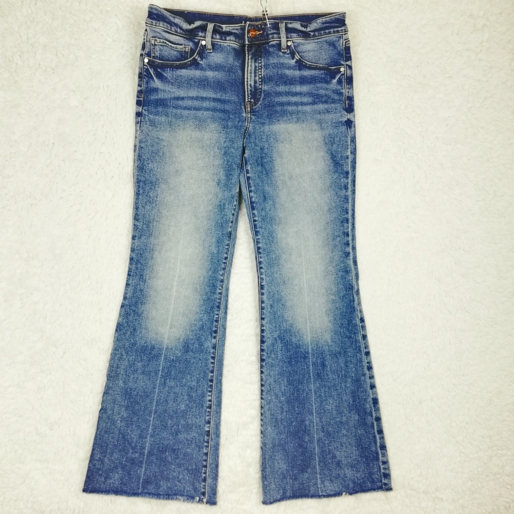 Express Womens Jeans 70's Flare Blue Denim Midβ Rise Red Hem Whiskering 10